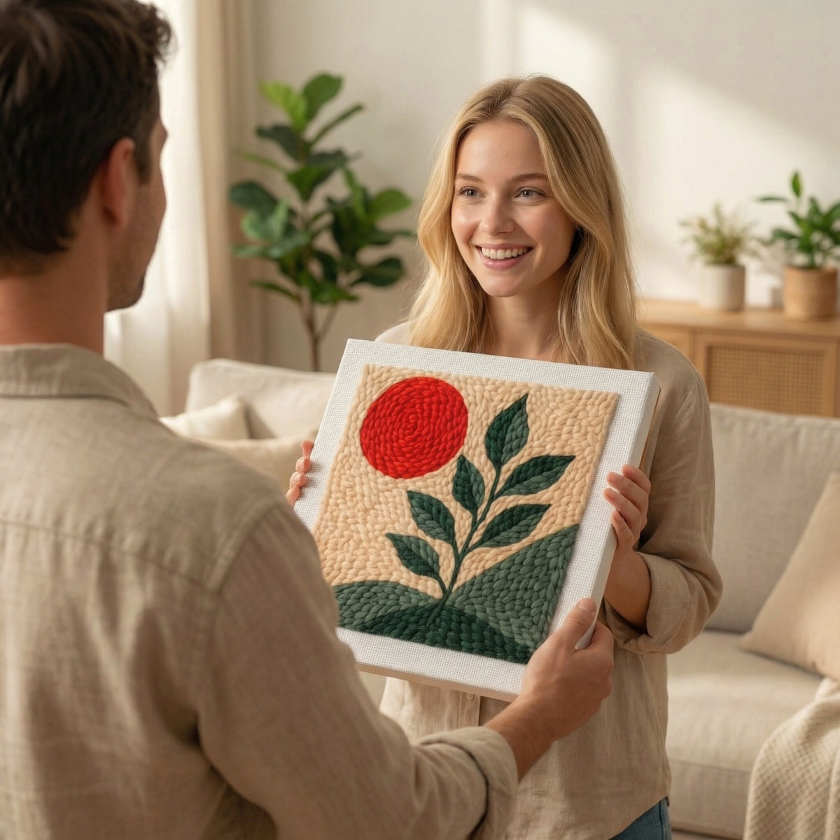 Punch needle kit contents - Pre-stretched canvas, yarn, needle and step-by-step instructions.