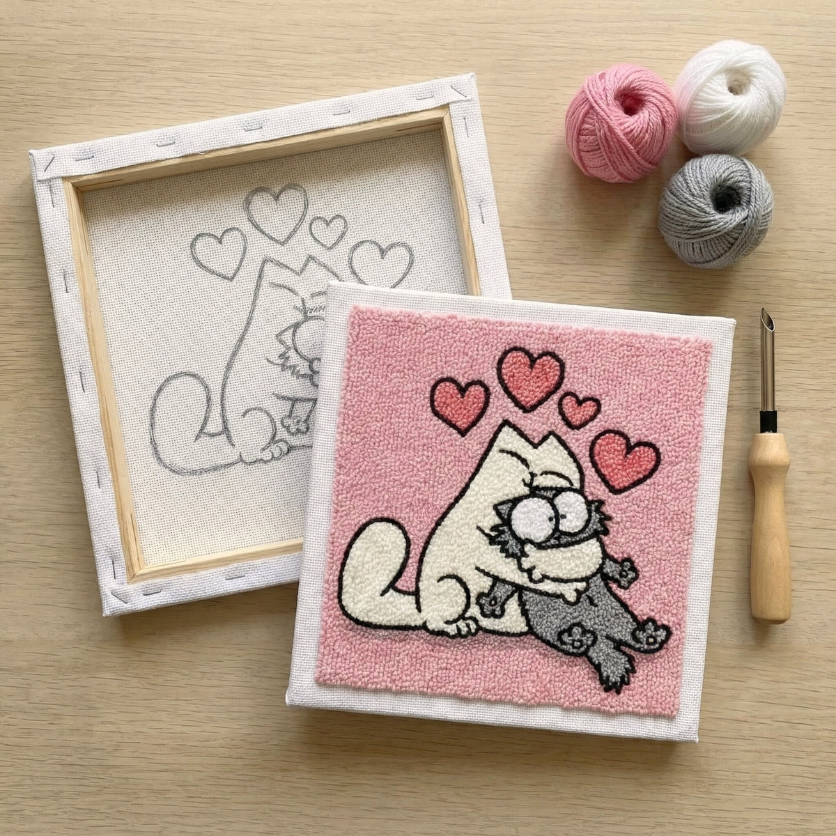 Punch needle kit contents - Pre-stretched canvas, yarn, needle and step-by-step instructions.