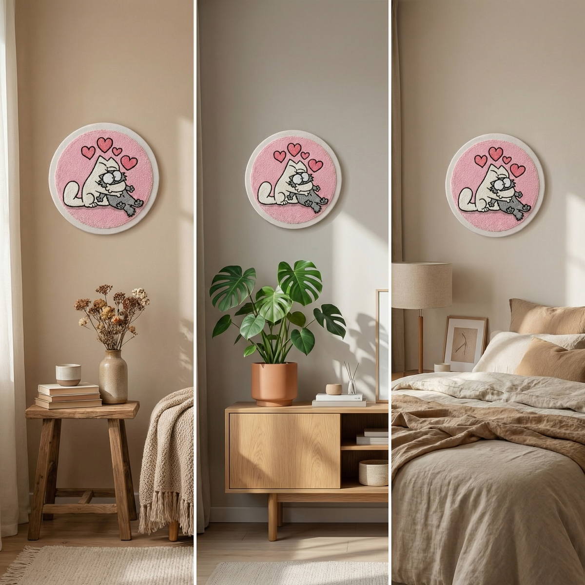 Finished Couple Parfait punch needle artwork styled in a home interior.