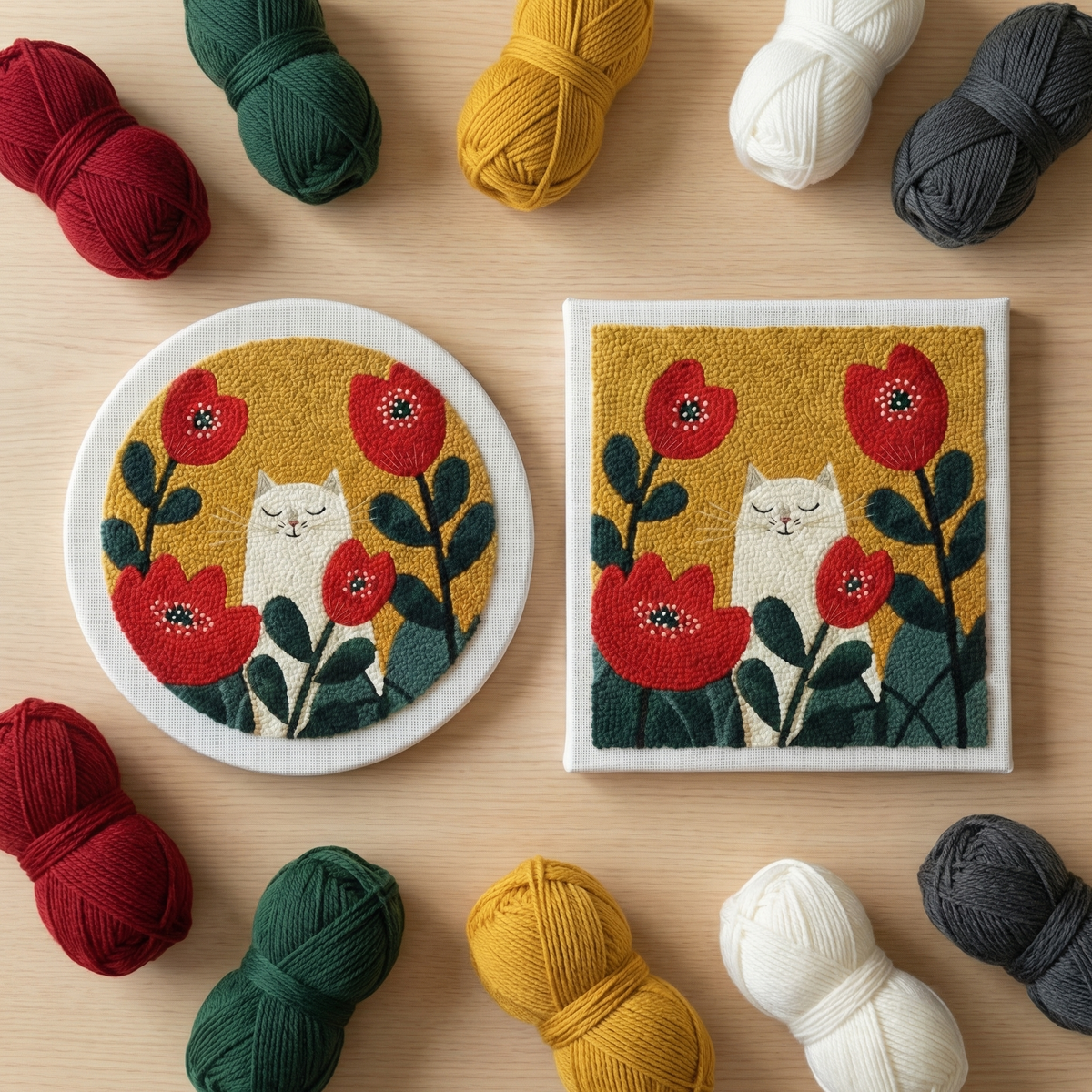 Finished Chat dans les Coquelicots punch needle artwork styled in a home interior.