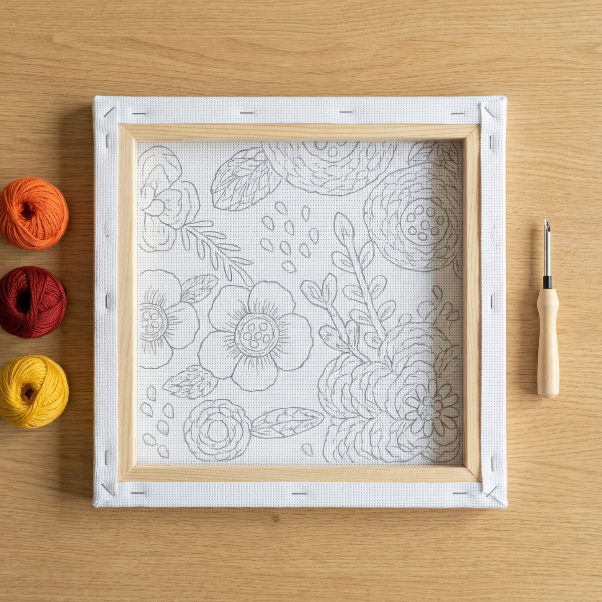 Punch needle kit contents - Pre-stretched canvas, yarn, needle and step-by-step instructions.
