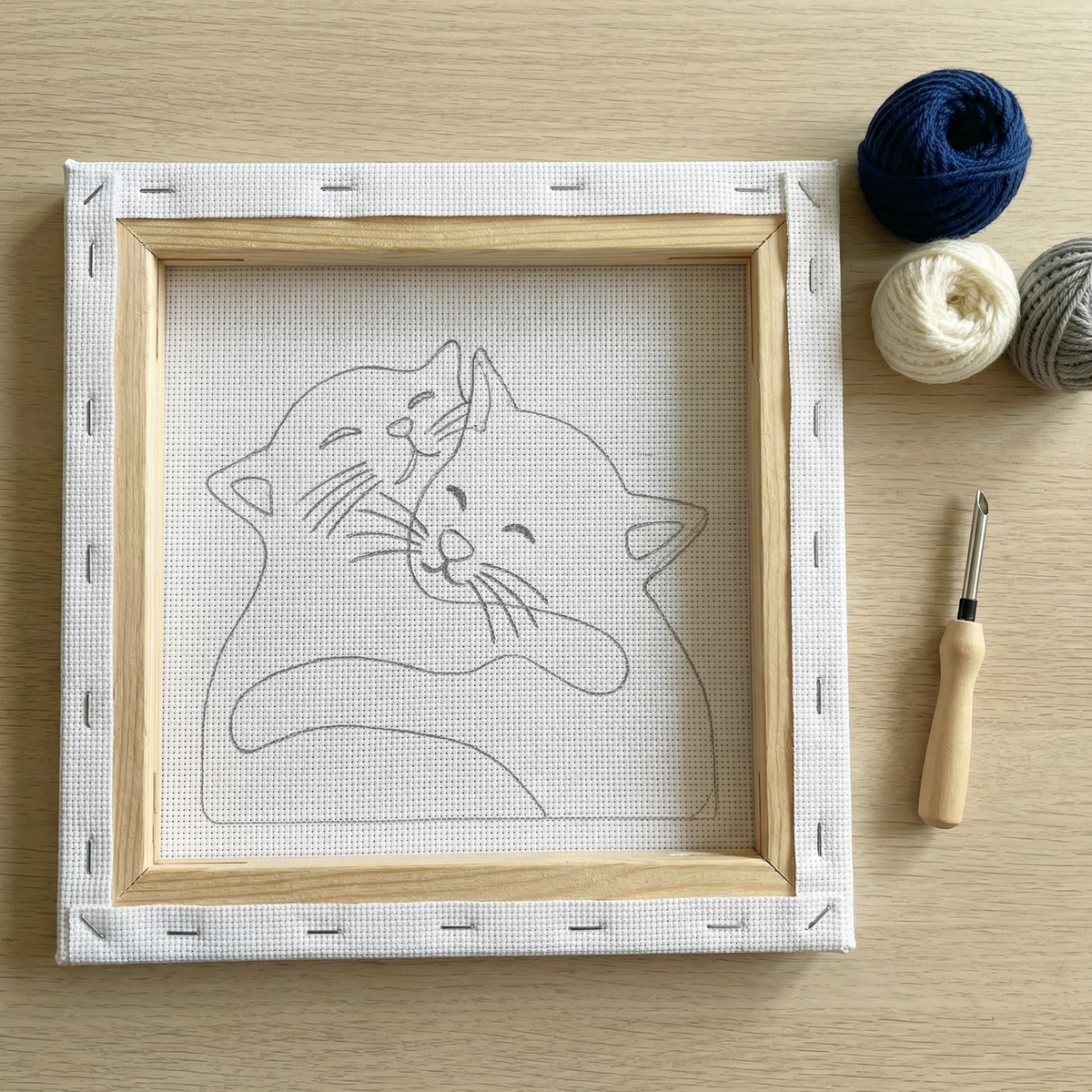 Tonia Art complete Punch Needle set - Pre-printed hugging cats pattern, high-quality wool, and ergonomic needle.