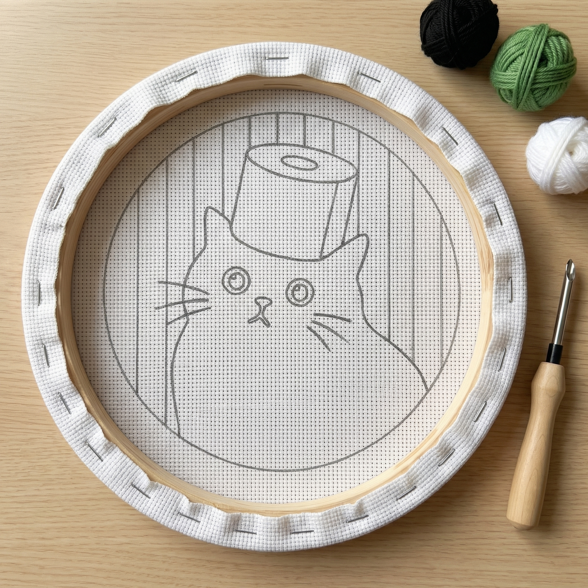 Tonia Art complete Punch Needle set - Pre-printed pensive cat pattern, high-quality wool, and ergonomic needle.