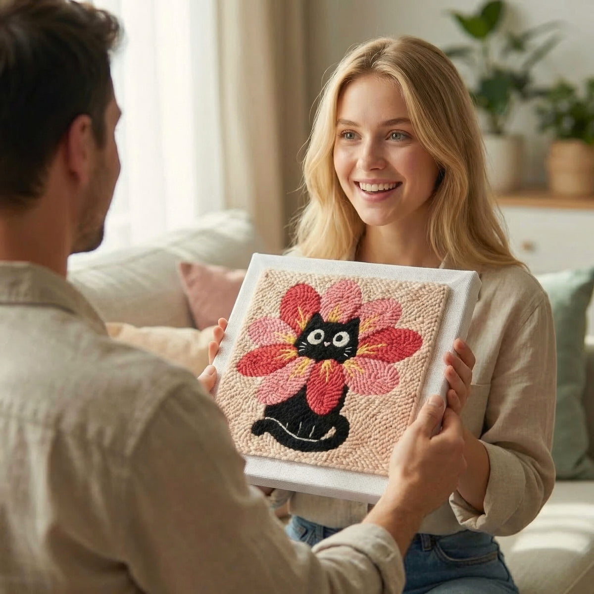 Handmade Cat in Bloom textile art - Shabby chic and poetic DIY home decoration for a bedroom or living room