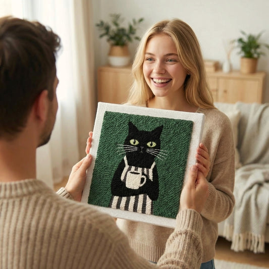 Handmade Coffee Cat textile art - Modern and cozy DIY home decoration for a coffee corner or kitchen.