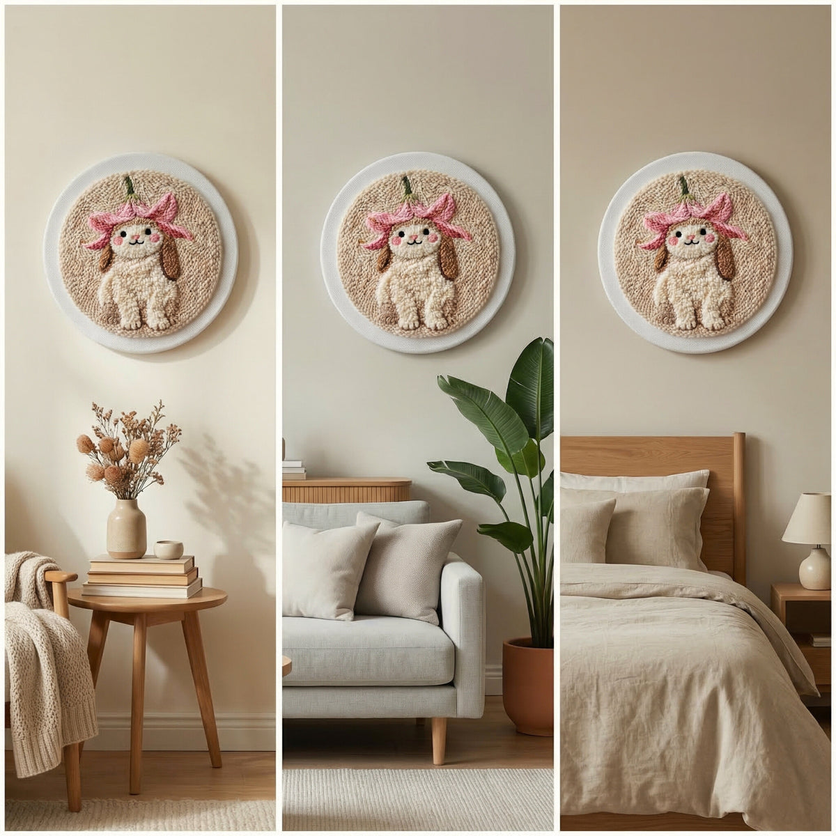 Handmade Petit Lapin textile art - Cozy and poetic DIY home decoration for a baby nursery or kids room.