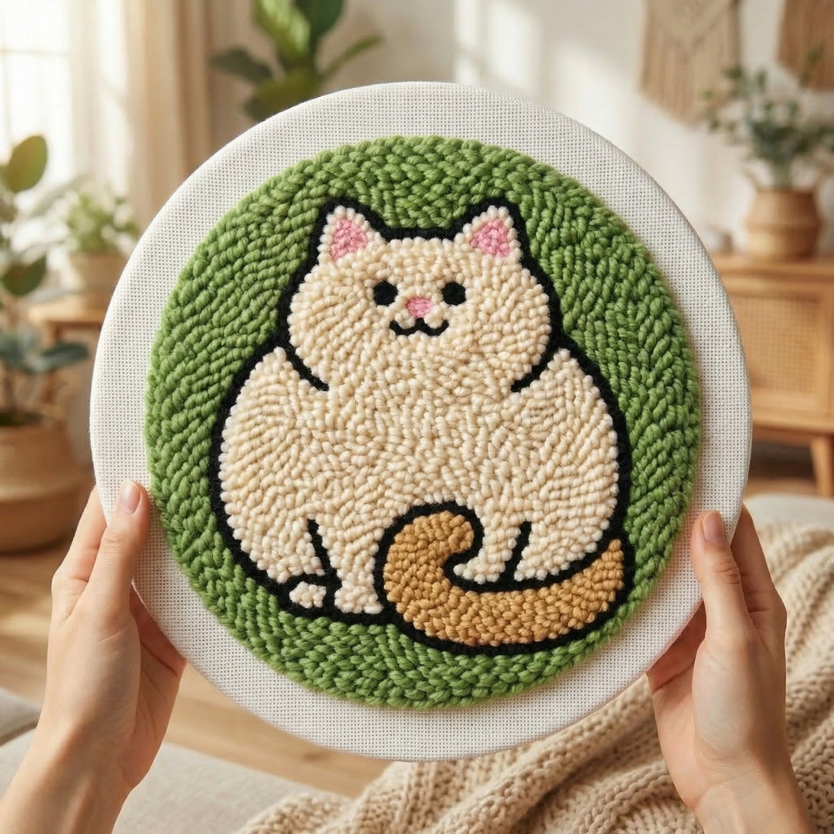 Beautifully finished punch needle fat cat wall art on a wooden easel - Professional looking handmade animal decor.
