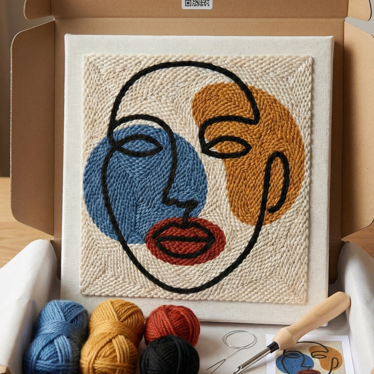 Tonia Art Abstract Boho Portrait Punch Needle Kit - Minimalist female face DIY wall art on pre-stretched frame.