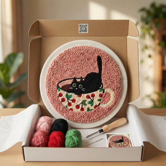 Tonia Art Kitten in Cherry Cup Punch Needle Kit - Cute cat in fruit mug DIY wall art on pre-stretched frame.