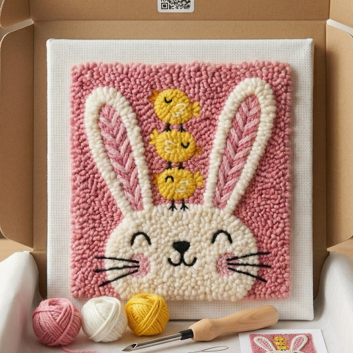 Tonia Art Bunny and Chicks Punch Needle Kit - Tender spring animal DIY wall art on pre-stretched frame