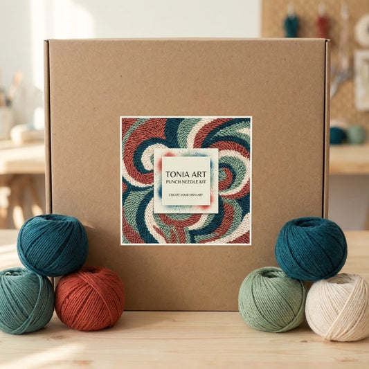 Tonia Art complete Punch Needle set - Pre-printed pensive cat pattern, high-quality wool, and ergonomic needle.