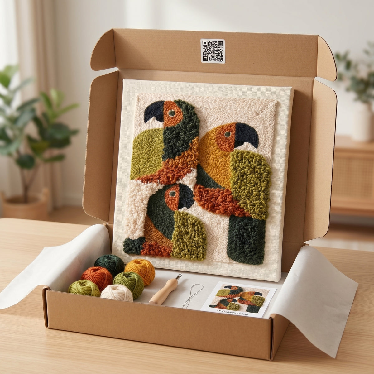 Tonia Art Perroquets Tropicaux Punch Needle Kit - Handmade DIY wall art on pre-stretched frame.