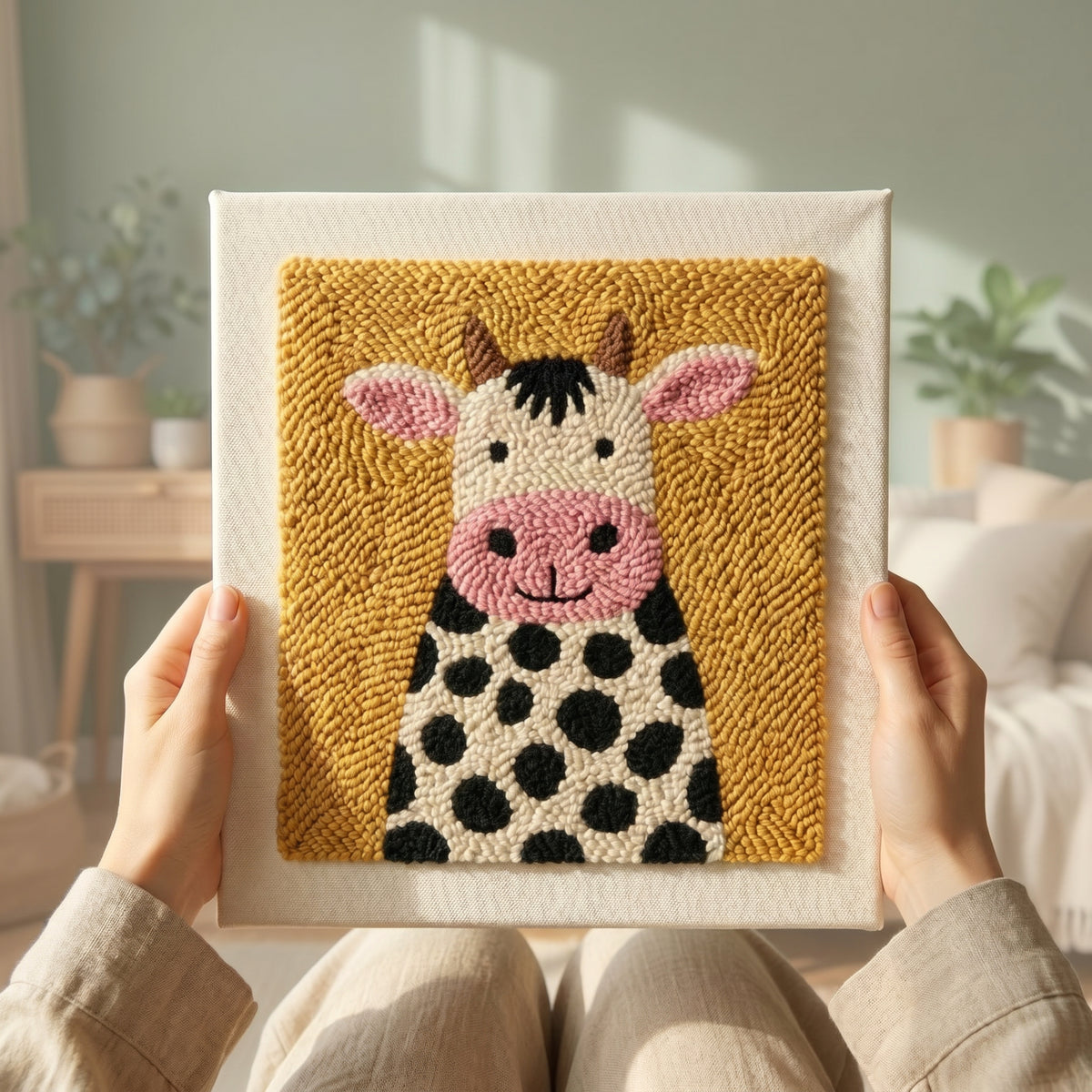 Blank pre-stretched canvas with the Douce Vache pattern pre-printed, ready for punch needle embroidery.