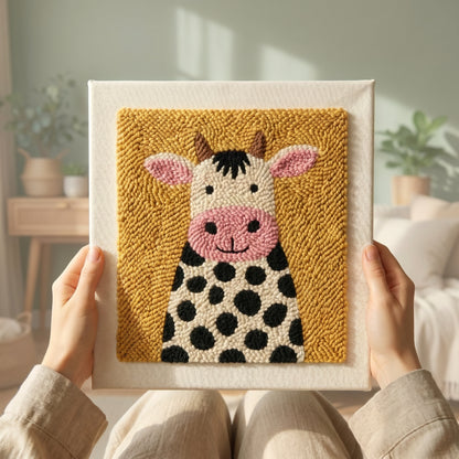 Blank pre-stretched canvas with the Douce Vache pattern pre-printed, ready for punch needle embroidery.