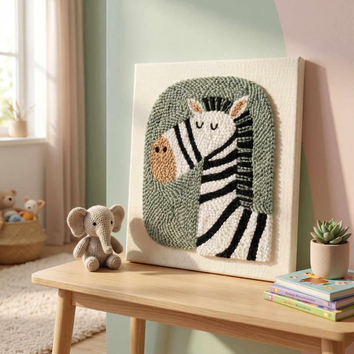 Punch needle kit contents - Pre-stretched canvas, yarn, needle and step-by-step instructions.