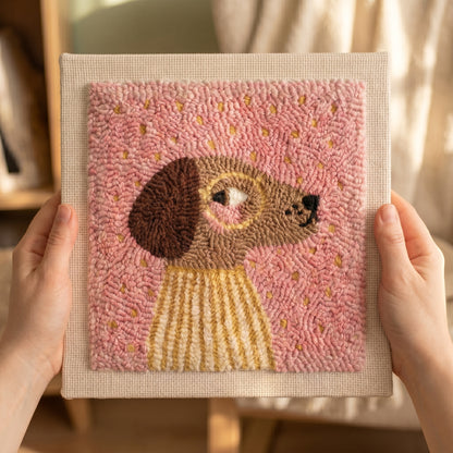 Close-up of the punch needle texture - Soft, textured yarn loops on pre-stretched canvas.