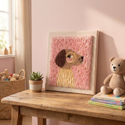 Finished Rafael le Chien Éclaireur punch needle artwork styled in a home interior.