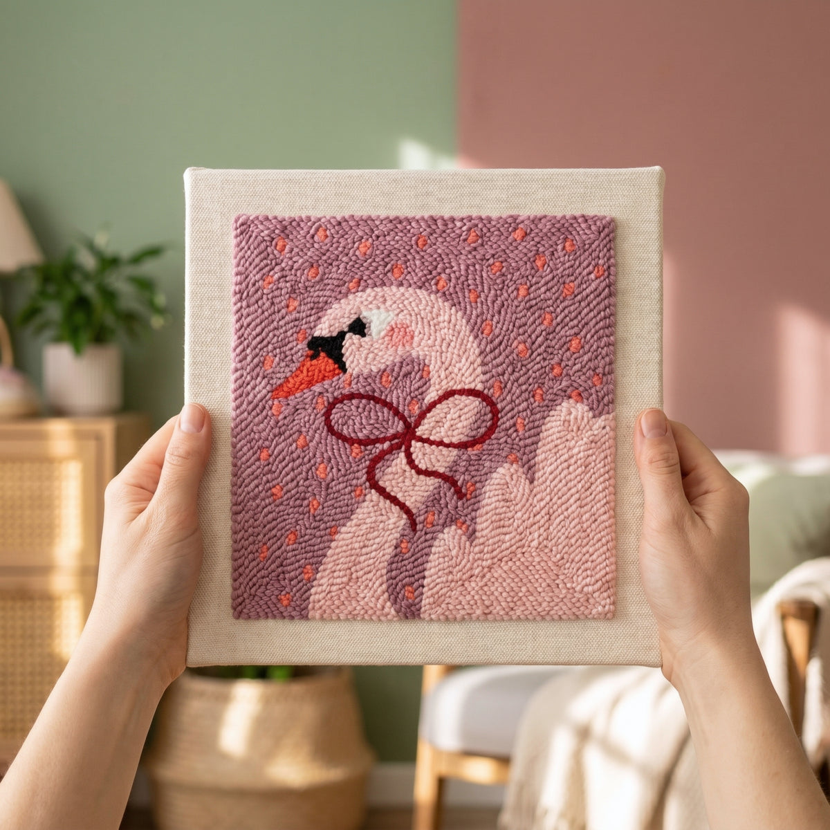 Finished Bella le Cygne punch needle artwork styled in a home interior.