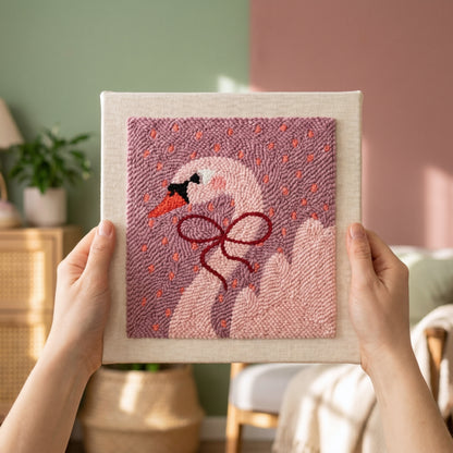 Finished Bella le Cygne punch needle artwork styled in a home interior.