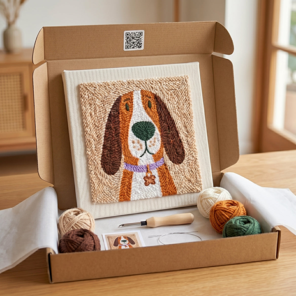 Punch needle kit contents - Pre-stretched canvas, yarn, needle and step-by-step instructions.