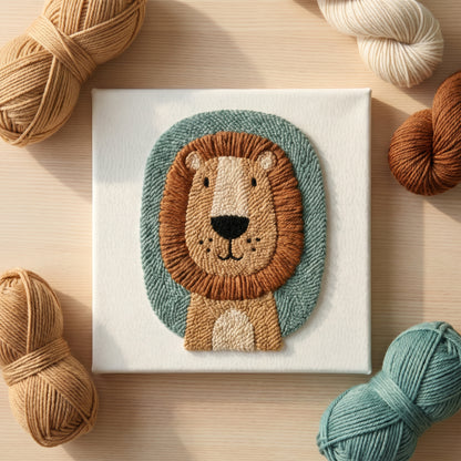 Finished Lion Majestueux punch needle artwork styled in a home interior.