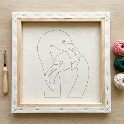Blank pre-stretched canvas with the Duo de Flamants Roses pattern pre-printed, ready for punch needle embroidery.