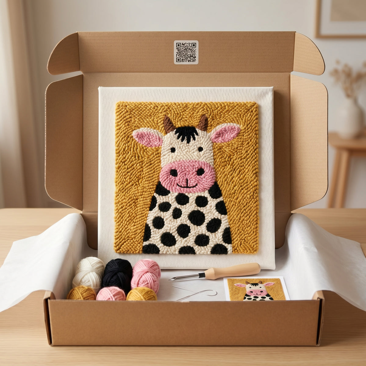 Tonia Art Douce Vache Punch Needle Kit - Handmade DIY wall art on pre-stretched frame.