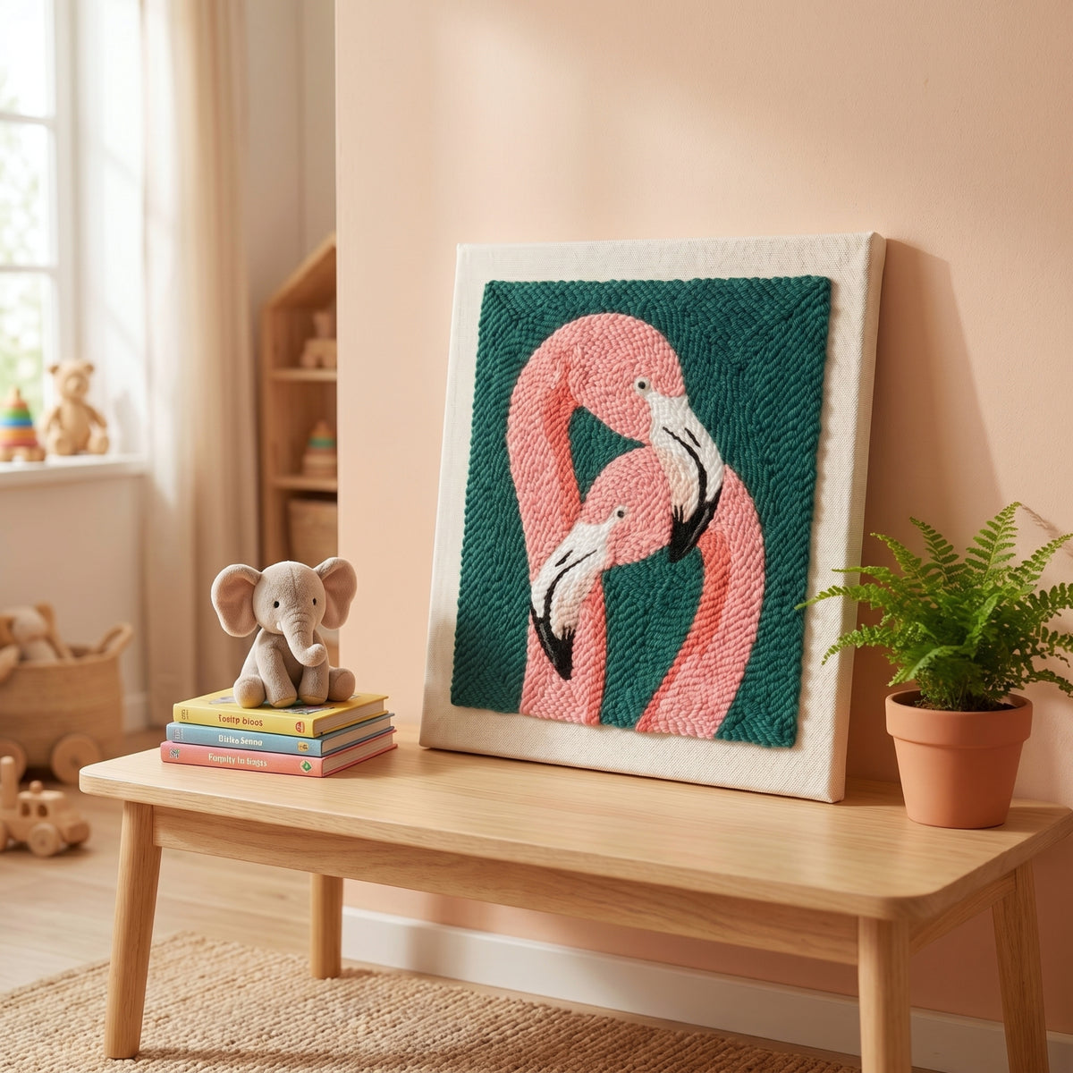 Finished Duo de Flamants Roses punch needle artwork styled in a home interior.