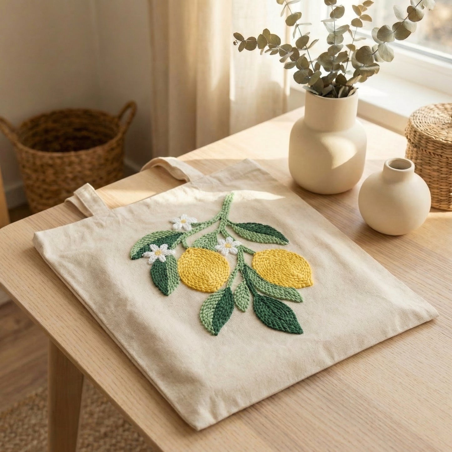 Punch Needle Tragetaschen-Set – Blühender Zitronenbaum | DIY Einkaufstasche