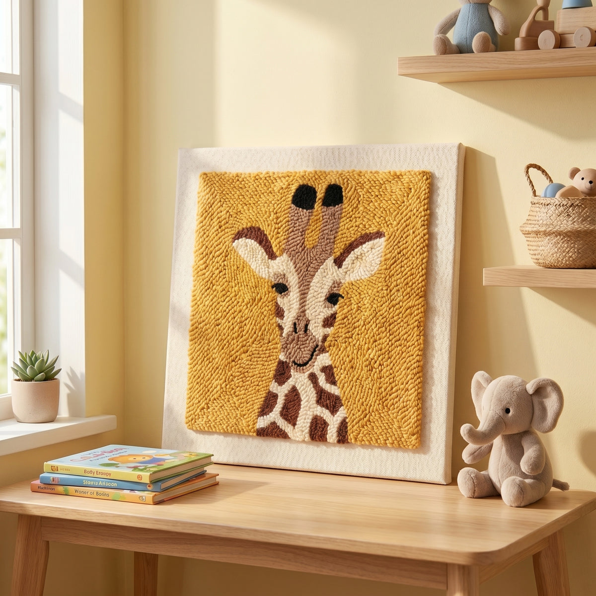 Blank pre-stretched canvas with the Isabel la Girafe pattern pre-printed, ready for punch needle embroidery.