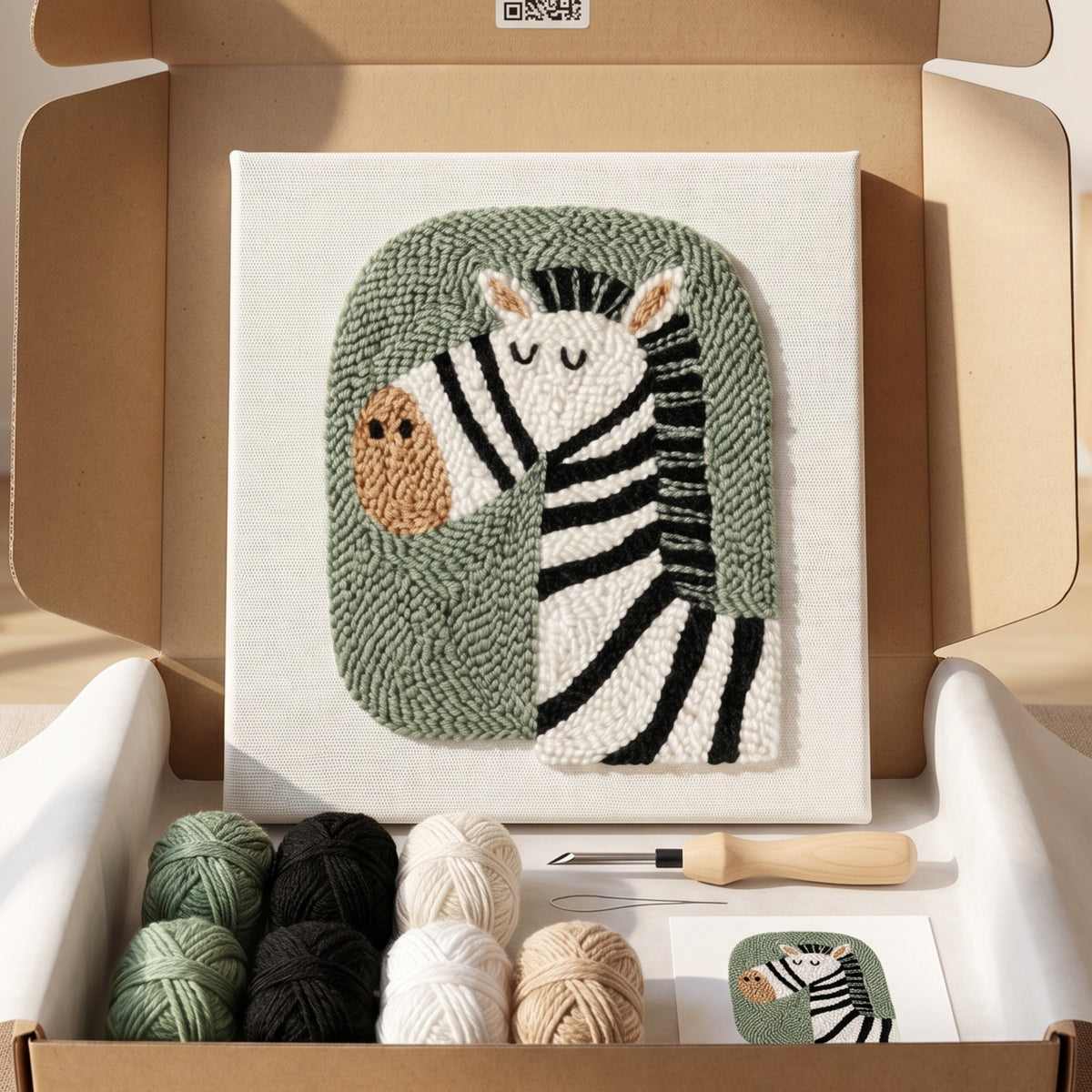 Tonia Art Zèbre Paisible Punch Needle Kit - Handmade DIY wall art on pre-stretched frame.