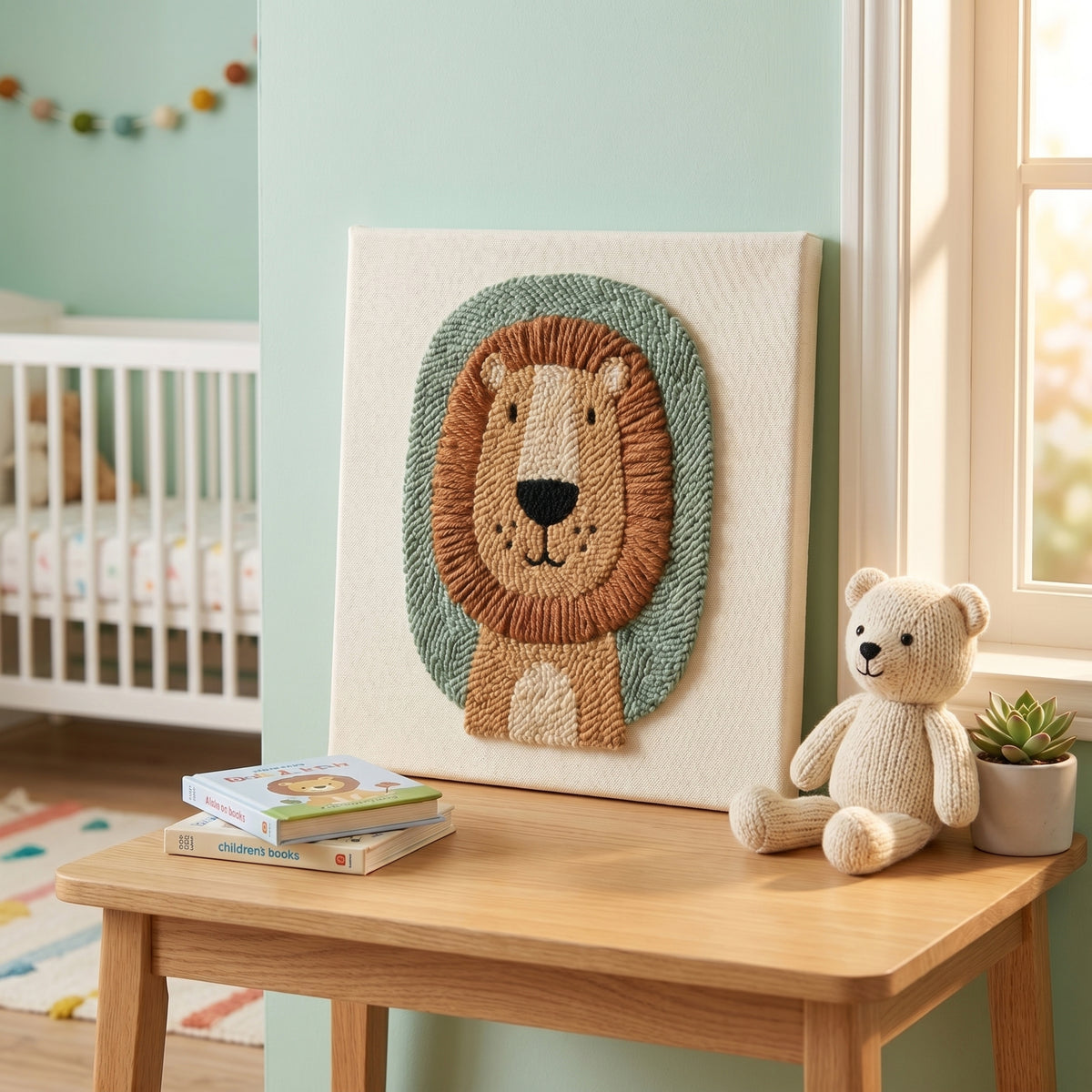 Blank pre-stretched canvas with the Lion Majestueux pattern pre-printed, ready for punch needle embroidery.