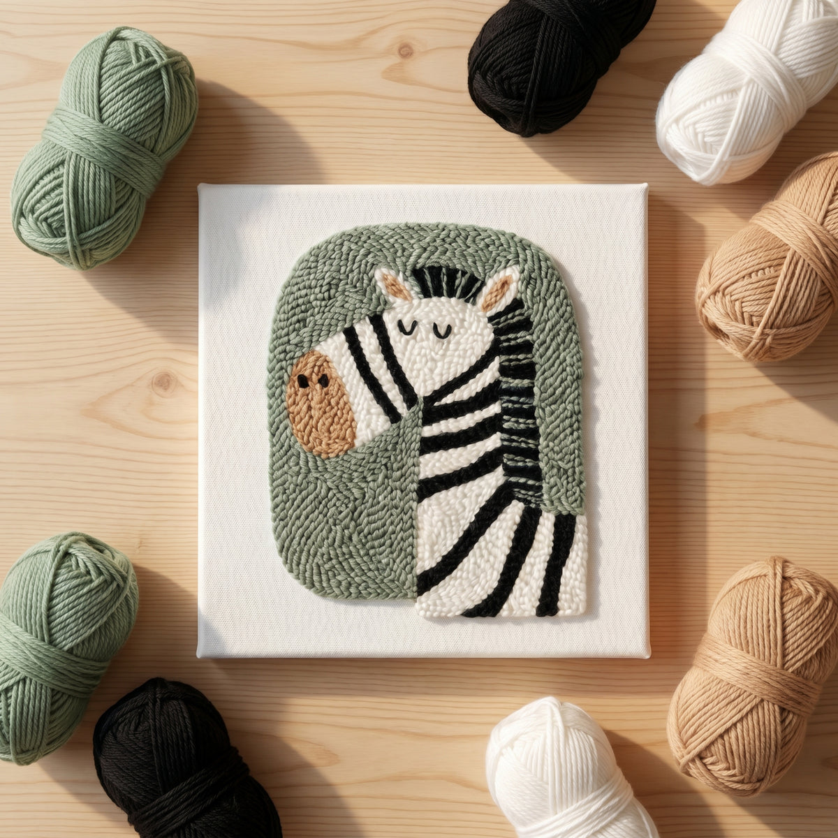 Finished Zèbre Paisible punch needle artwork styled in a home interior.