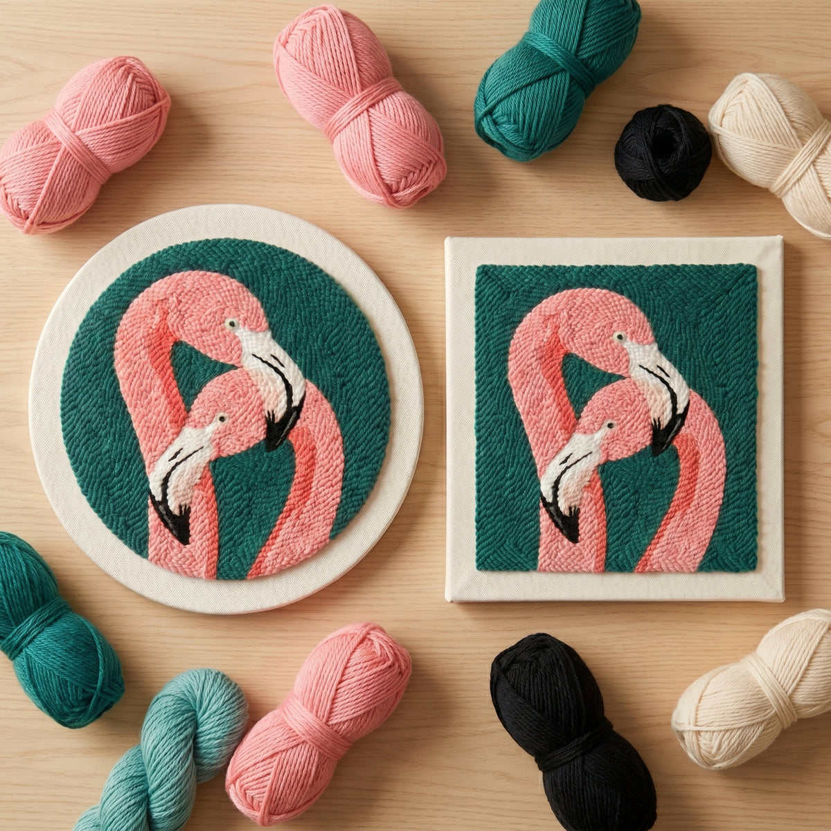 Close-up of the punch needle texture - Soft, textured yarn loops on pre-stretched canvas.