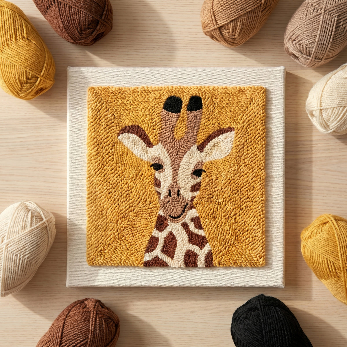 Punch needle kit contents - Pre-stretched canvas, yarn, needle and step-by-step instructions.