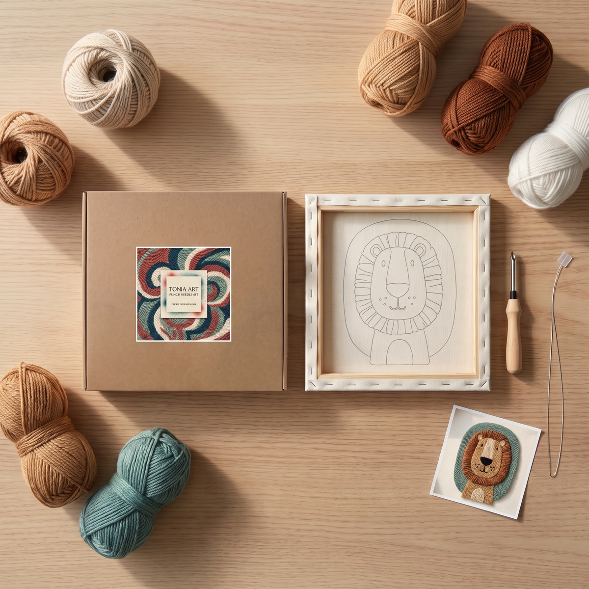 Punch needle kit contents - Pre-stretched canvas, yarn, needle and step-by-step instructions.