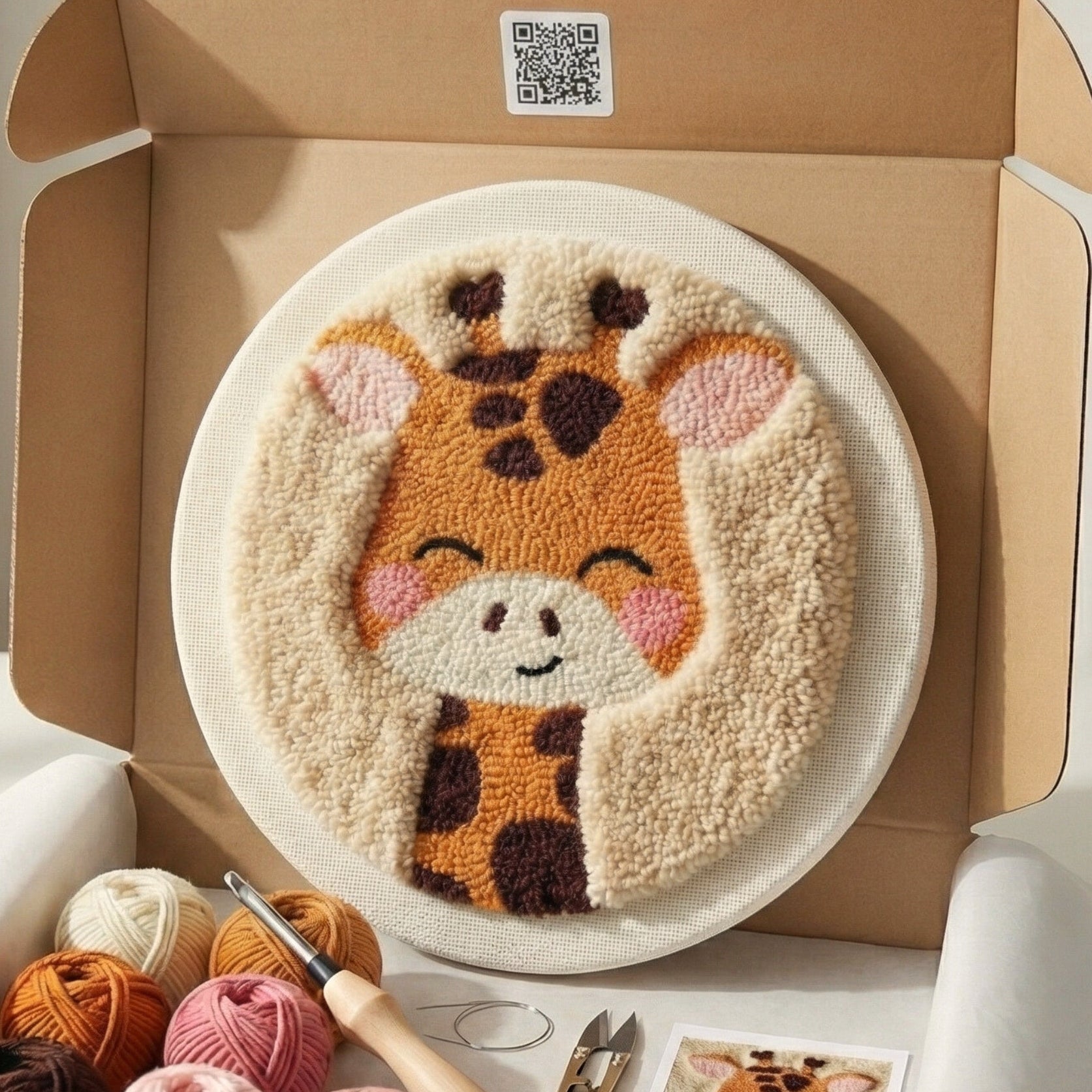 Kit Punch Needle Girafe Élégante Tonia Art - Toile tendue sur châssis en bois avec laine de haute qualité et aiguille