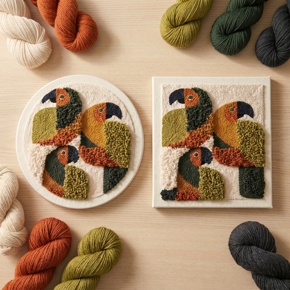 Close-up of the punch needle texture - Soft, textured yarn loops on pre-stretched canvas.