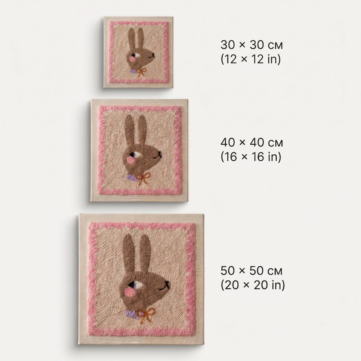 Finished Suzie la Lapine punch needle artwork styled in a home interior.