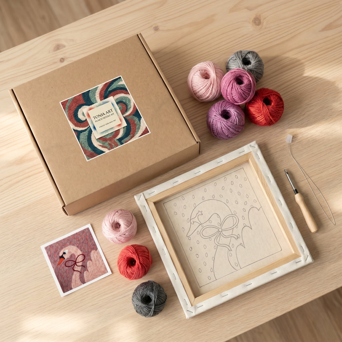 Punch needle kit contents - Pre-stretched canvas, yarn, needle and step-by-step instructions.