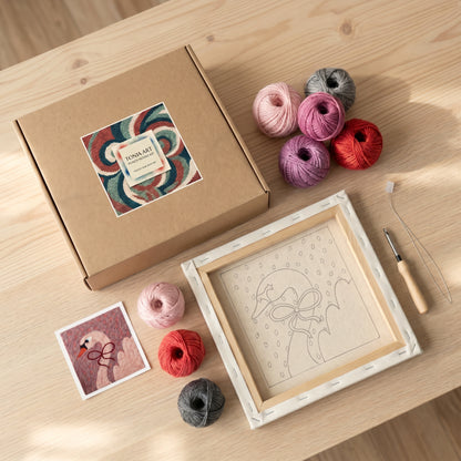 Punch needle kit contents - Pre-stretched canvas, yarn, needle and step-by-step instructions.