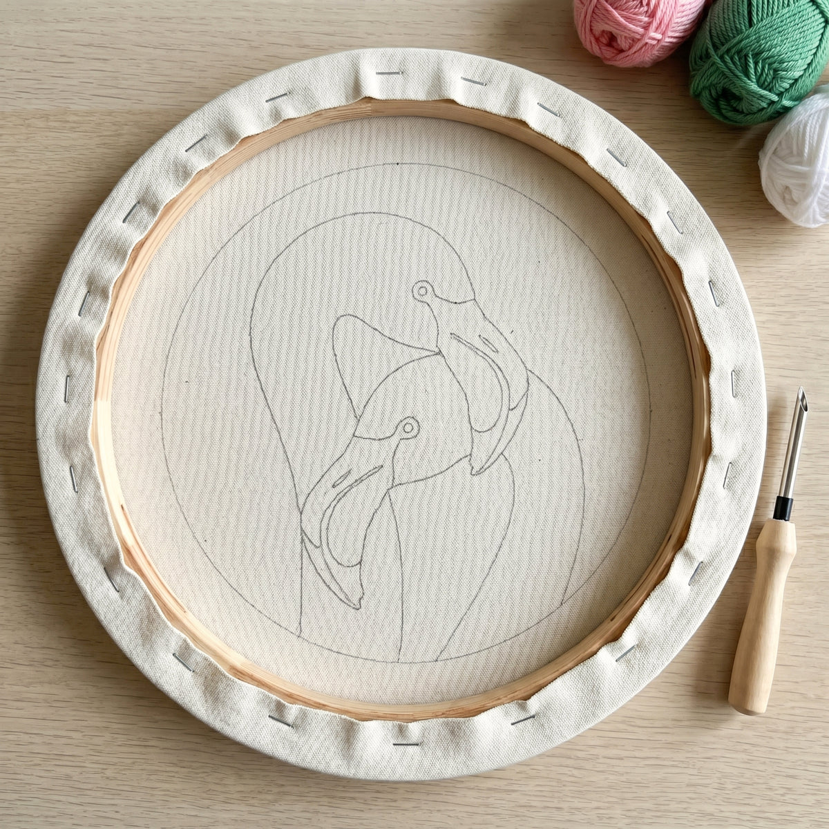 Punch needle kit contents - Pre-stretched canvas, yarn, needle and step-by-step instructions.