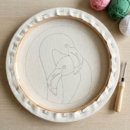 Punch needle kit contents - Pre-stretched canvas, yarn, needle and step-by-step instructions.