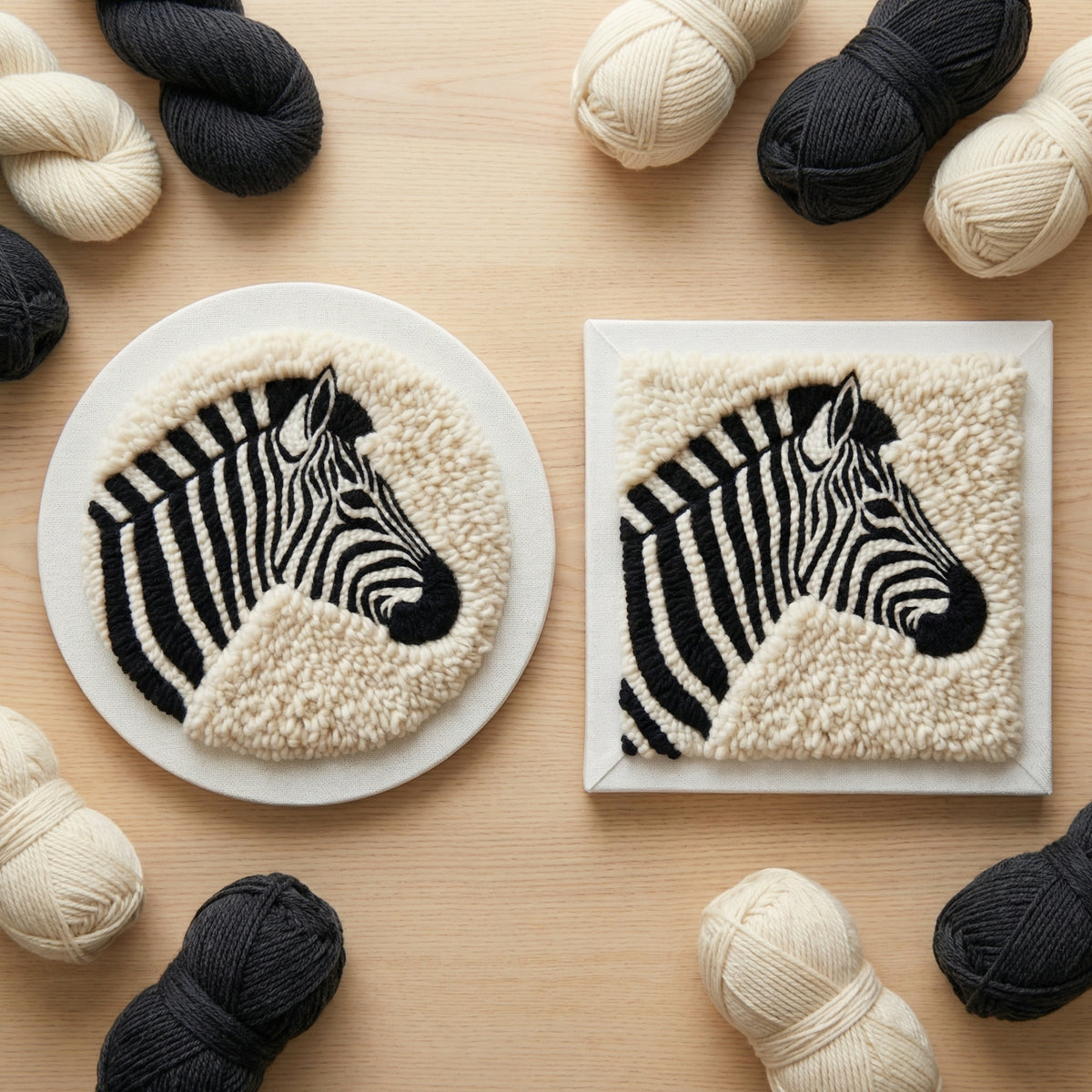 Punch needle kit contents - Pre-stretched canvas, yarn, needle and step-by-step instructions.
