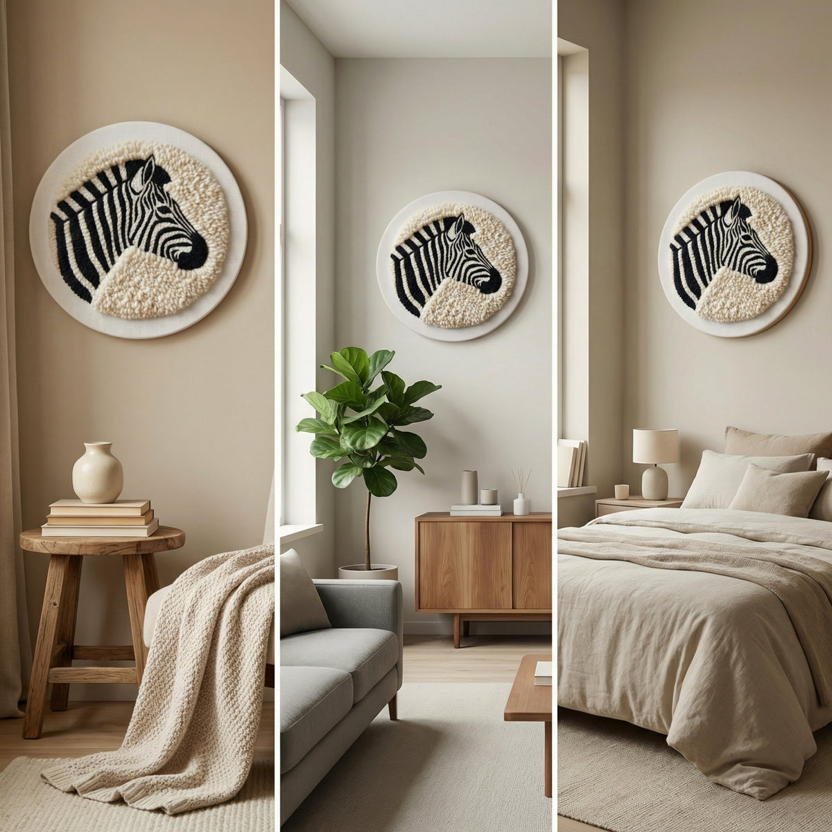 Finished Zèbre Minimaliste punch needle artwork styled in a home interior.