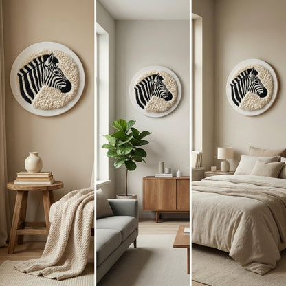 Finished Zèbre Minimaliste punch needle artwork styled in a home interior.