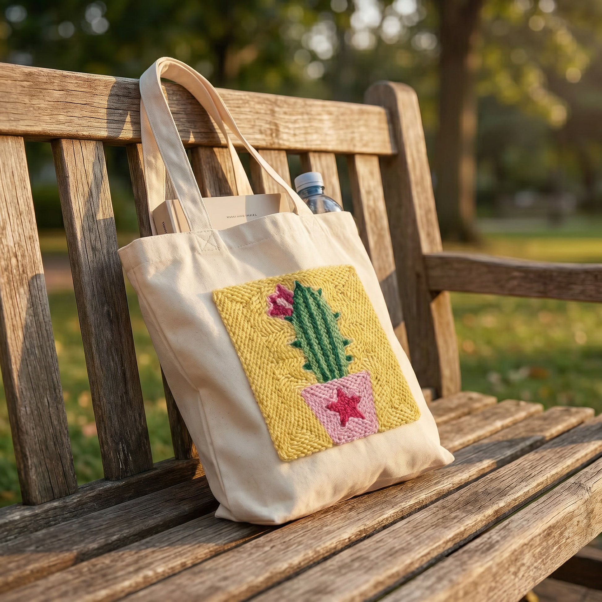 Finished Cactus du Désert punch needle bag - Sustainable handmade textile art shopper for daily use