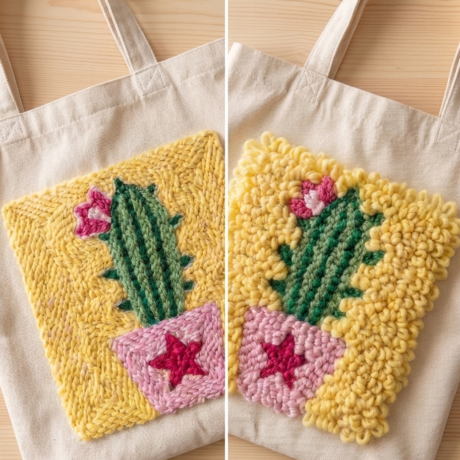 Detailed punch needle loops of a cactus design - High-quality yarn texture on cotton fabric.