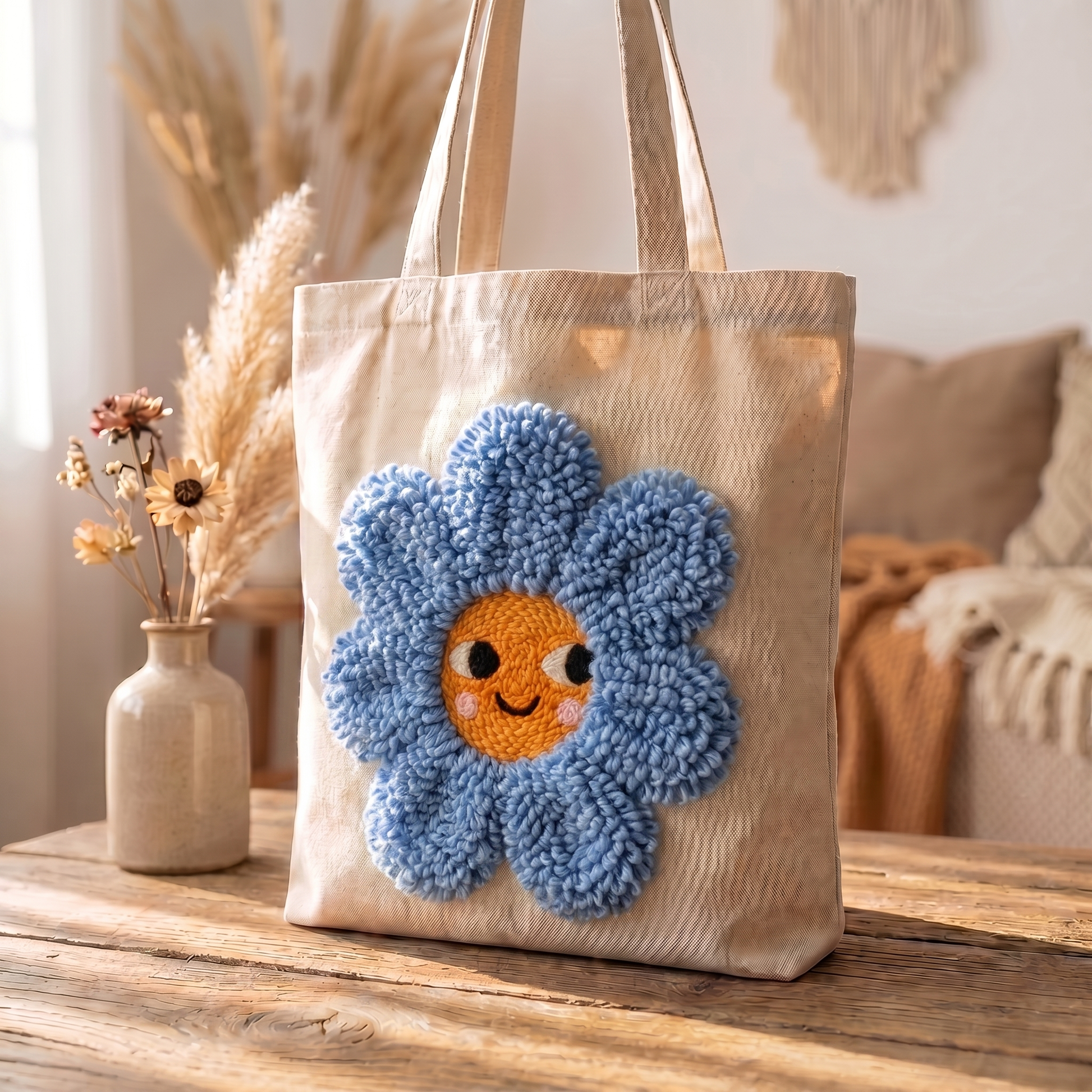 Handmade Fleur Ensoleillée tote bag - Positive DIY fashion accessory for a bright and stylish look.