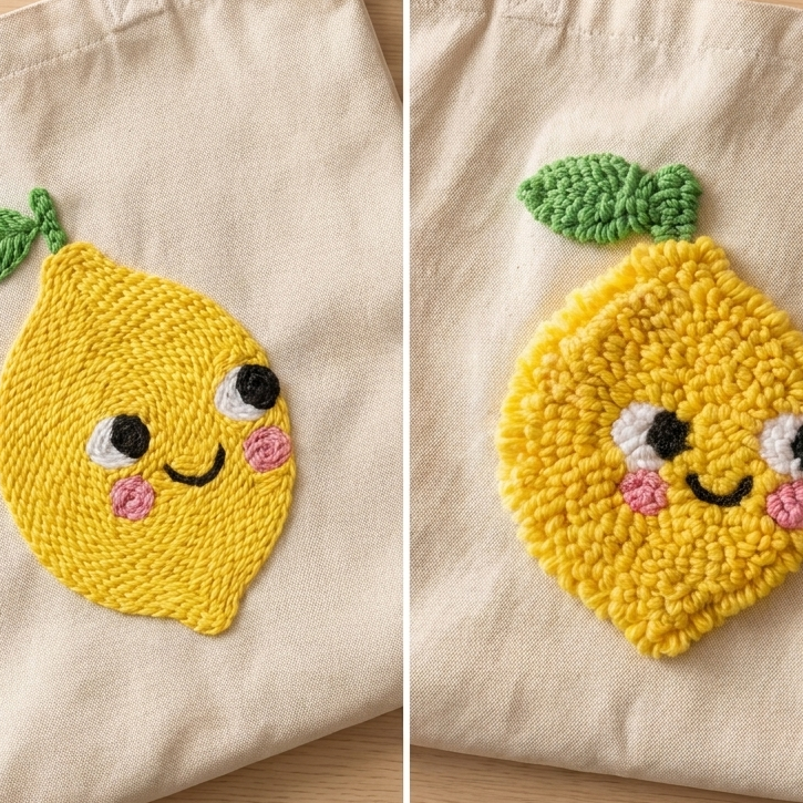 Detailed punch needle loops of the giant lemon fruit - High-quality yarn texture on cotton fabric.
